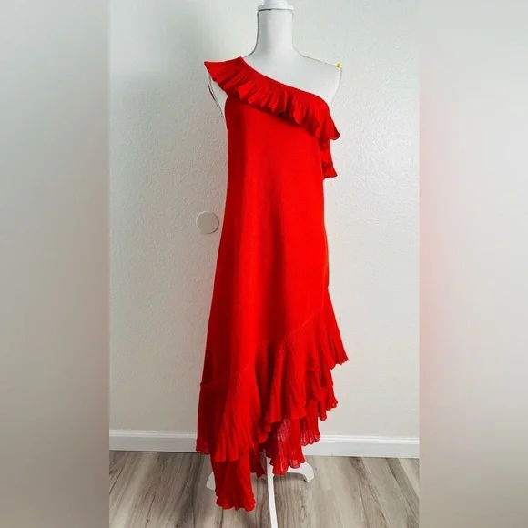 Mango Women’s Red One-Shoulder Asymmetric Ruffled Dress Size 10 - Picture 3 of 15